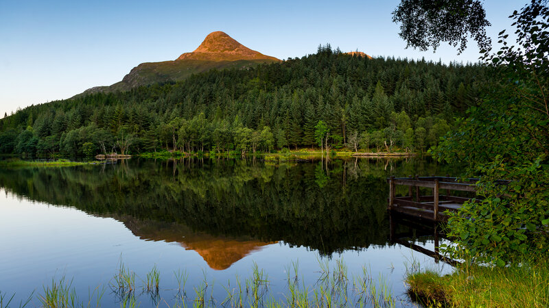 Mountain Reflected in Lake — Green, Serene, Sunset, Photograph, Forest, Dock