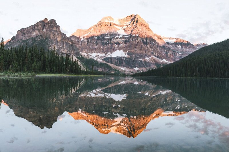 Mountain Reflected in Lake — Green, Serene, Sunset, Photograph, Forest