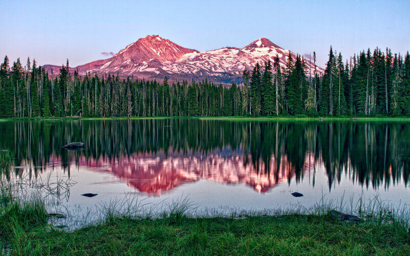 Mountain Reflected in Lake — Green, Serene, Sunset, Photograph