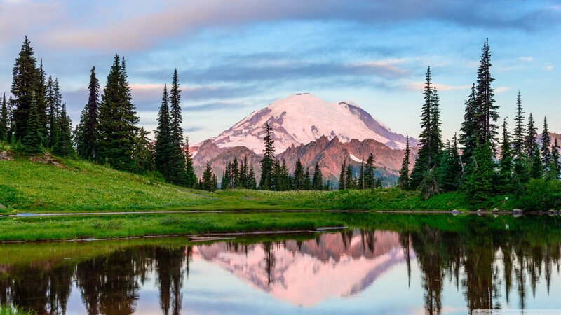 Mountain Reflected in Lake — Green, Serene, Sunset, Photograph, Trees, Snow-capped Mountain