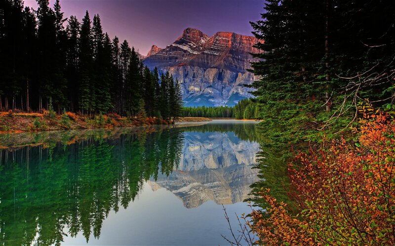 Mountain Reflected in Lake — Green, Serene, Sunset
