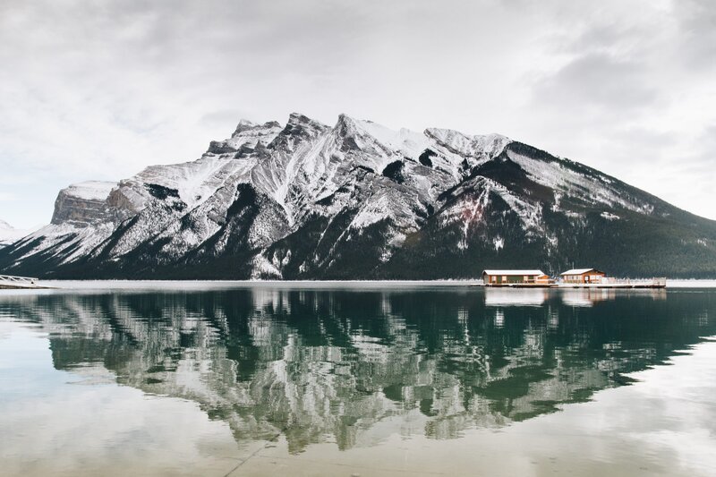Mountain Reflected in Lake — Green, Serene, Winter