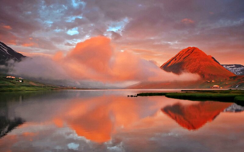 Mountain Reflected in Lake — Orange, Dramatic, Sunset, Photograph, Clouds, Mountains