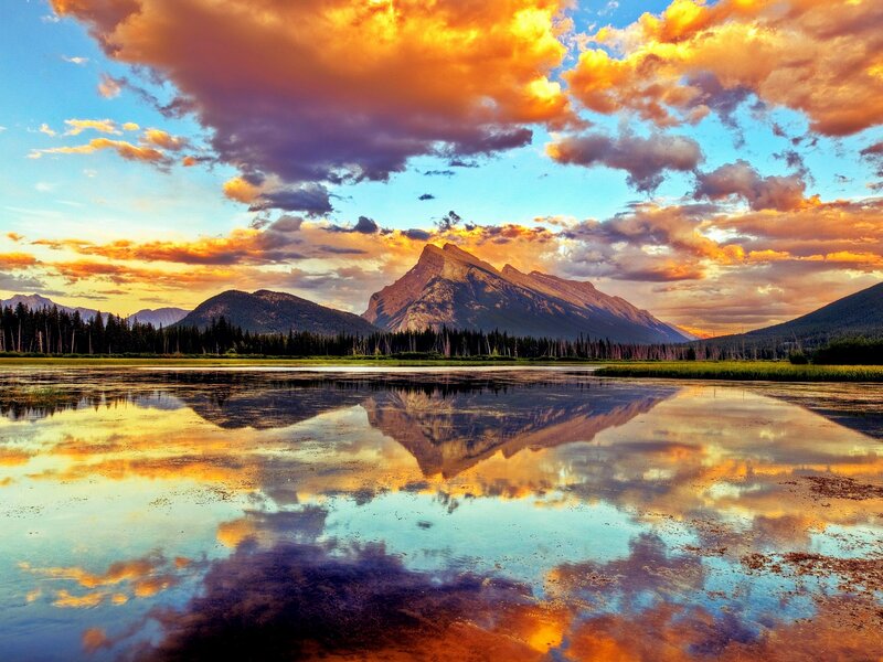 Mountain Reflected in Lake — Orange, Dramatic, Sunset, Photograph, Clouds