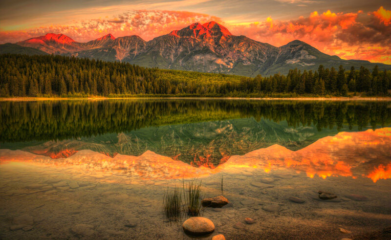 Mountain Reflected in Lake — Orange, Dramatic, Sunset, Photograph, Forest