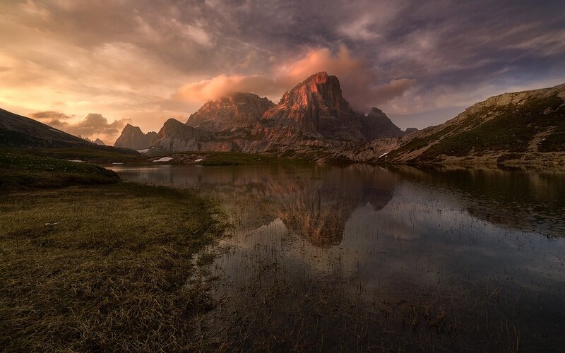 Mountain Reflected in Lake — Orange, Dramatic, Sunset, Photograph, Mountains, Sky