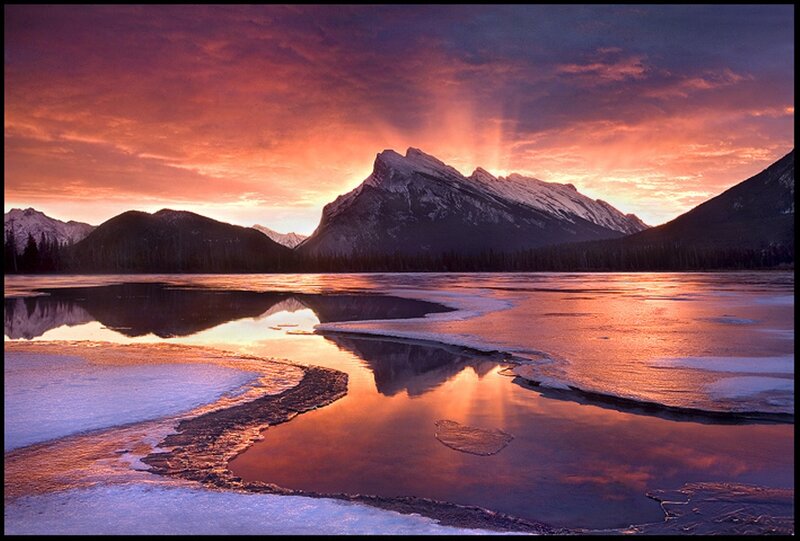 Mountain Reflected in Lake — Orange, Dramatic, Sunset, Photograph, Mountains