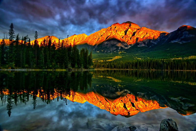 Mountain Reflected in Lake — Orange, Dramatic, Sunset, Photograph