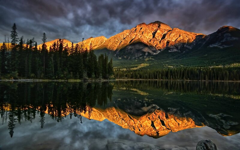 Mountain Reflected in Lake — Orange, Dramatic, Sunset, Photograph, Trees