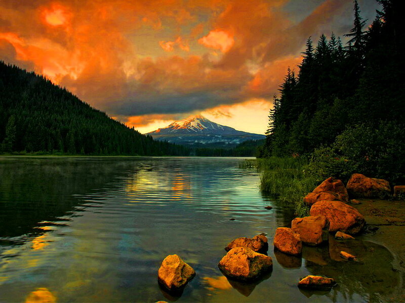 Mountain Reflected in Lake — Orange, Dramatic, Sunset