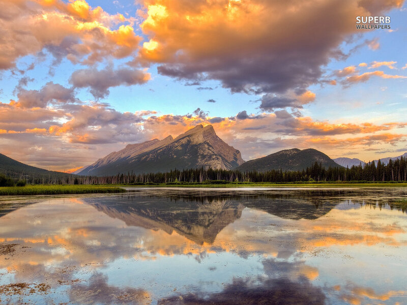 Mountain Reflected in Lake — Orange, Serene, Sunset, Photograph, Clouds