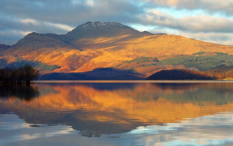 Mountain Reflected in Lake — Orange, Serene, Sunset, Photograph, Clouds, Trees