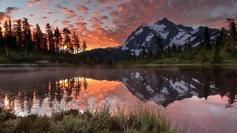 Mountain Reflected in Lake — Orange, Serene, Sunset, Photograph, Forest, Clouds
