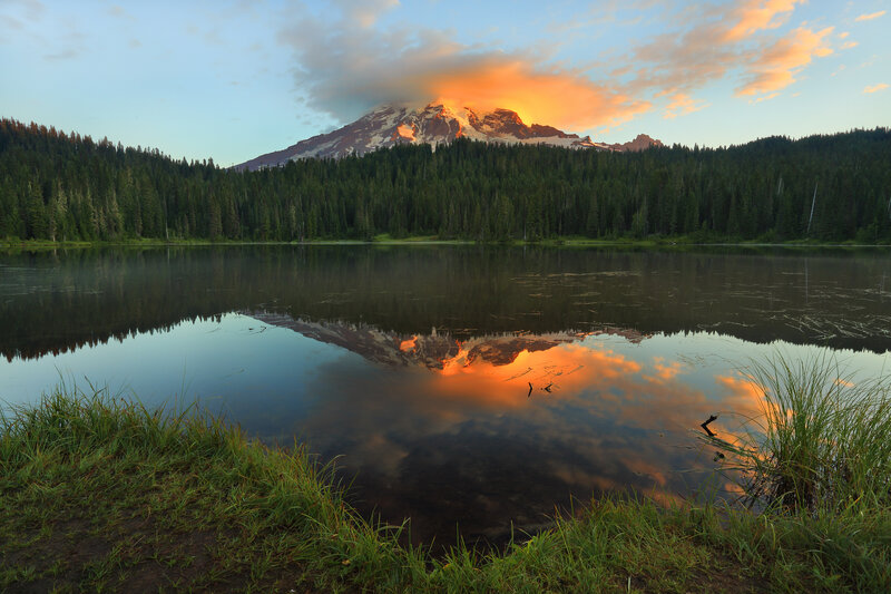 Mountain Reflected in Lake — Orange, Serene, Sunset, Photograph, Forest, Sky