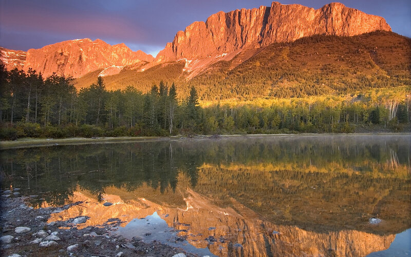 Mountain Reflected in Lake — Orange, Serene, Sunset, Photograph, Forest