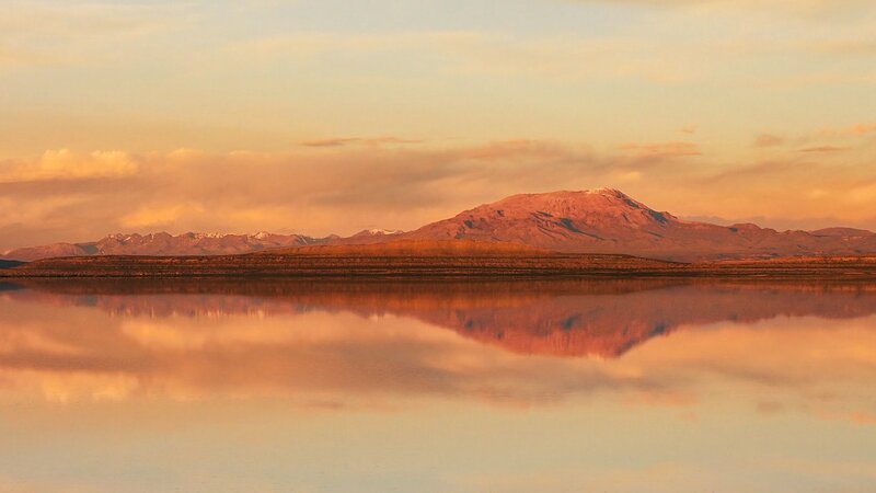 Mountain Reflected in Lake — Orange, Serene, Sunset, Photograph, Mountains