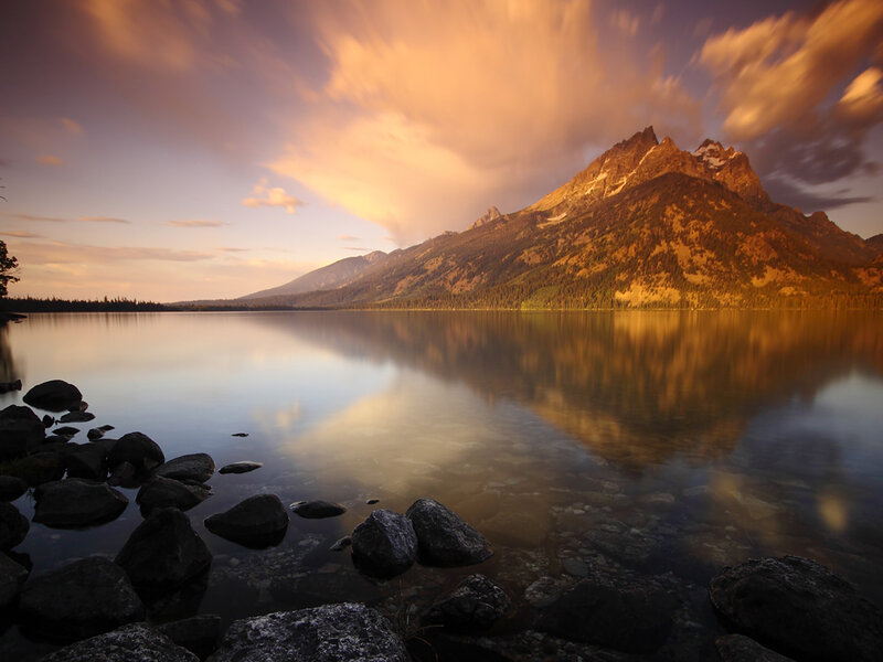 Mountain Reflected in Lake — Orange, Serene, Sunset, Photograph, Rocks