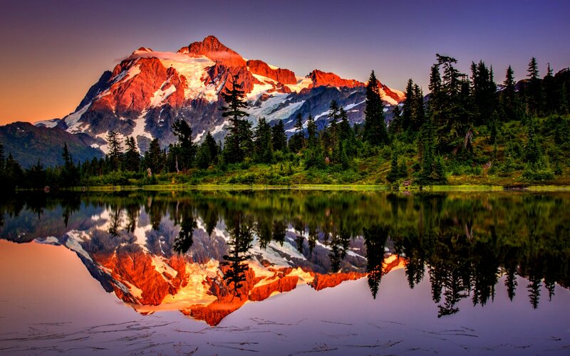 Mountain Reflected in Lake — Orange, Serene, Sunset, Photograph, Snow