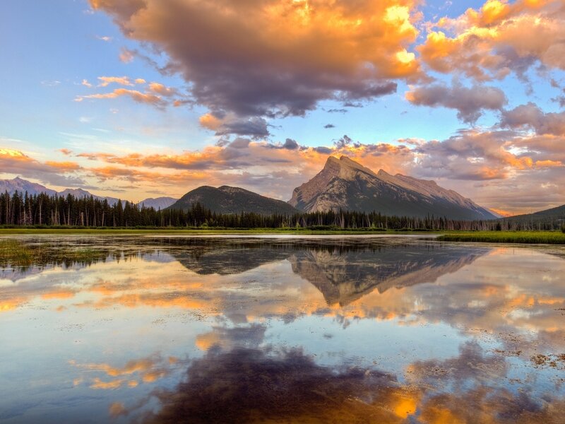 Mountain Reflected in Lake — Orange, Serene, Sunset, Photograph