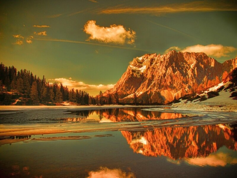 Mountain Reflected in Lake — Orange, Serene, Sunset, Photograph, Trees, Clouds