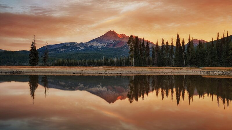 Mountain Reflected in Lake — Orange, Serene, Sunset, Photograph, Trees, Sky, Reflection