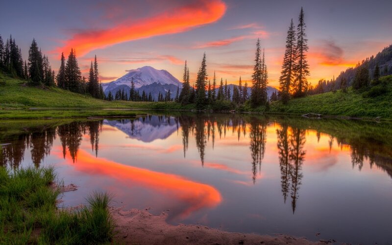 Mountain Reflected in Lake — Orange, Serene, Sunset, Photograph, Trees, Sky