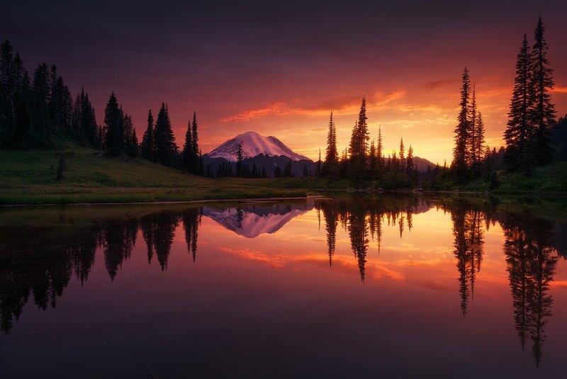 Mountain Reflected in Lake — Orange, Serene, Sunset, Photograph, Trees