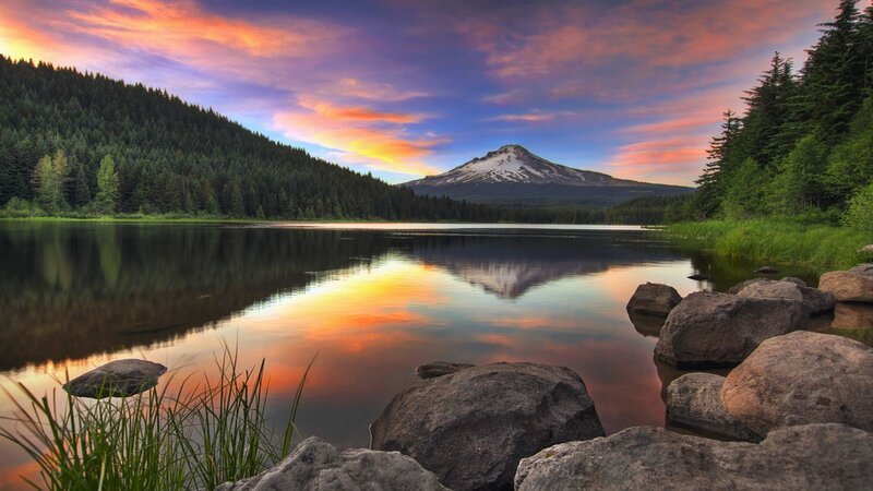 Mountain Reflected in Lake — Orange, Serene, Sunset