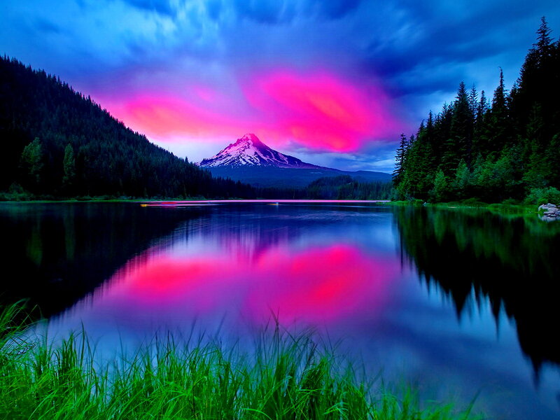 Mountain Reflected in Lake — Pink, Dramatic