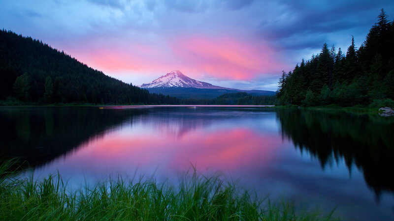 Mountain Reflected in Lake — Pink, Serene, Sunset, Photograph, Forest
