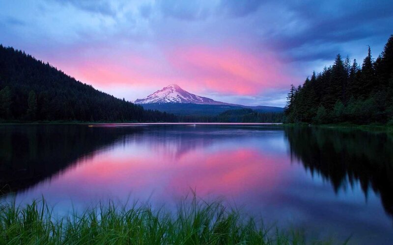 Mountain Reflected in Lake — Pink, Serene, Sunset, Photograph
