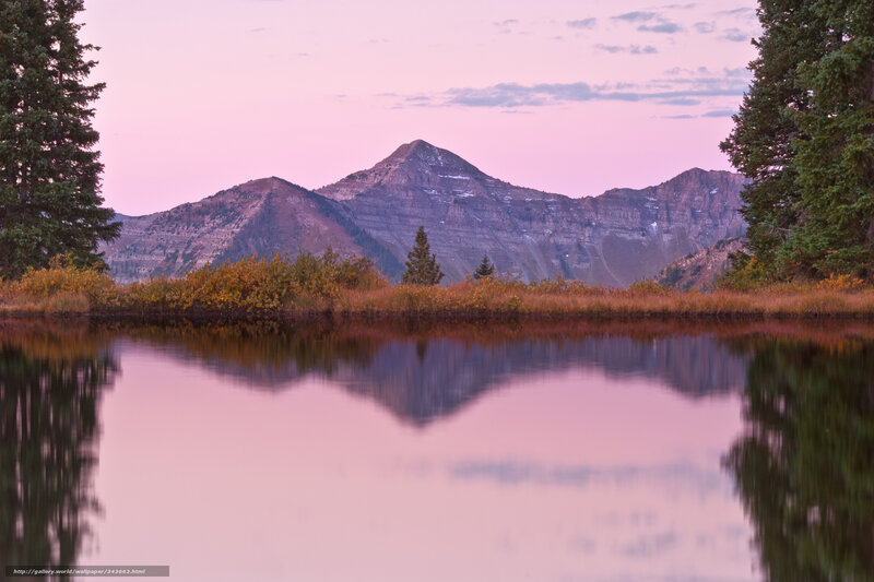 Mountain Reflected in Lake — Pink, Serene, Sunset, Photograph, Trees, Mountains, Sky