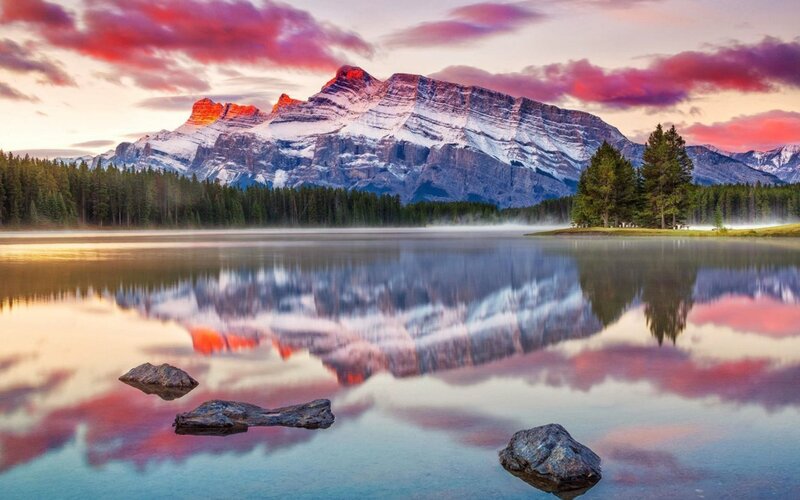 Mountain Reflected in Lake — Pink, Serene, Sunset, Photograph, Trees
