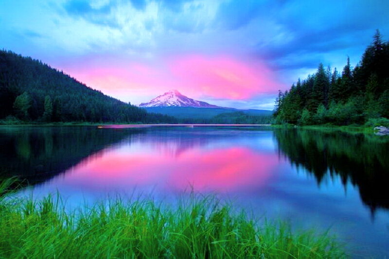 Mountain Reflected in Lake — Pink, Serene, Sunset