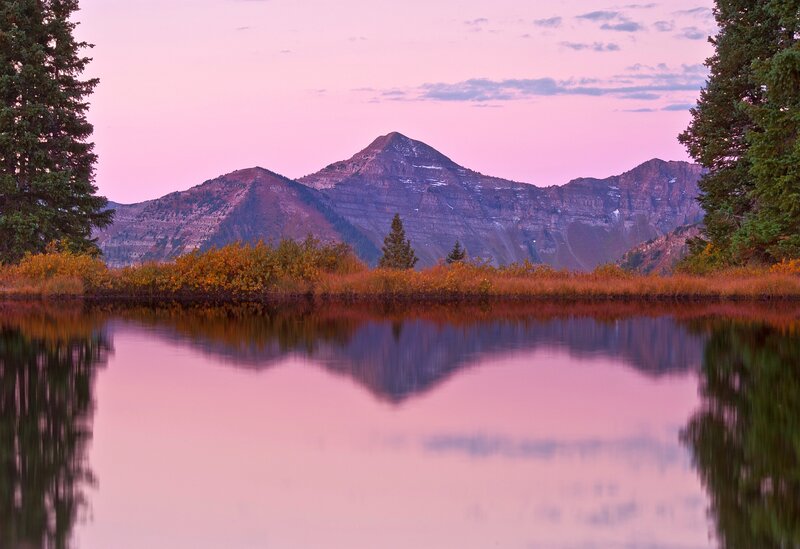 Mountain Reflected in Lake — Pink, Serene