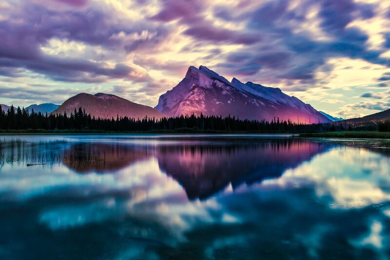 Mountain Reflected in Lake — Purple, Dramatic, Sunset, Photograph, Forest