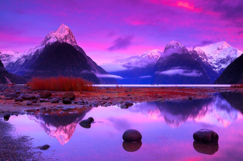 Mountain Reflected in Lake — Purple, Dramatic, Sunset, Photograph