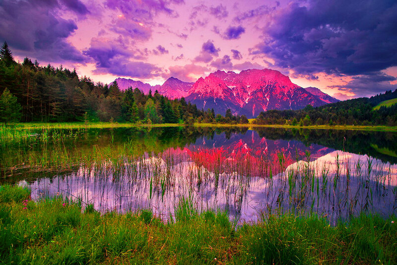 Mountain Reflected in Lake — Purple, Dramatic, Sunset