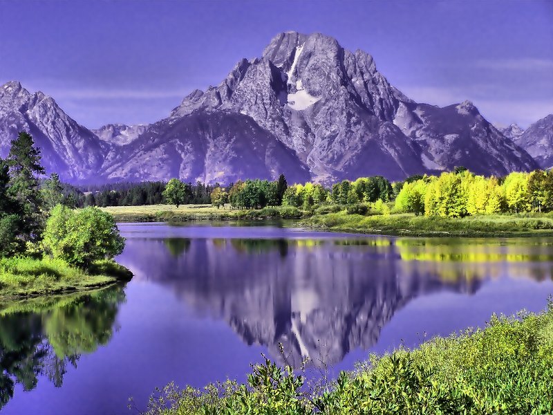Mountain Reflected in Lake — Purple, Serene, Afternoon