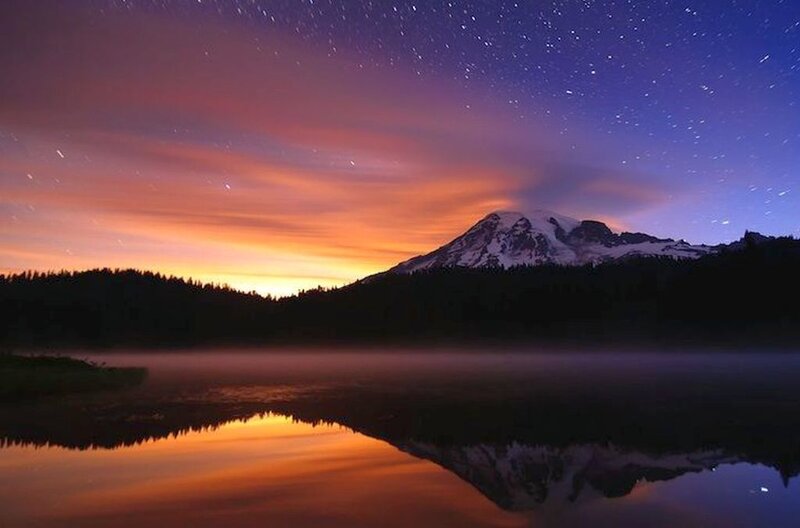 Mountain Reflected in Lake — Purple, Serene, Night