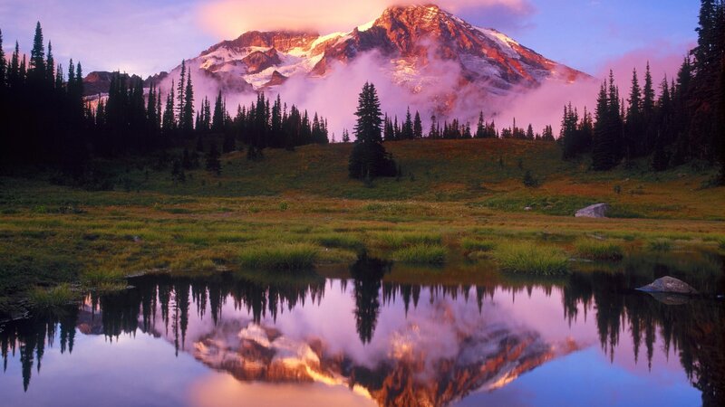 Mountain Reflected in Lake — Purple, Serene, Sunrise, Photograph, Forest, Snow