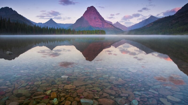 Mountain Reflected in Lake — Purple, Serene, Sunrise, Photograph, Mountains, Forest