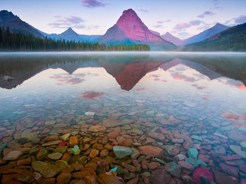 Mountain Reflected in Lake — Purple, Serene, Sunrise, Photograph, Mountains