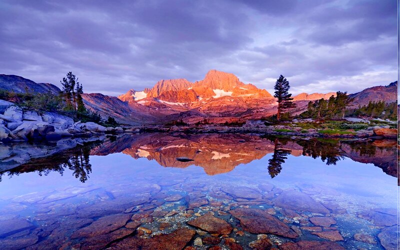 Mountain Reflected in Lake — Purple, Serene, Sunrise, Photograph, Trees