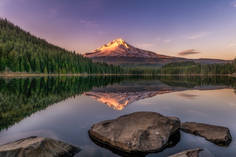 Mountain Reflected in Lake — Purple, Serene, Sunset, Photograph, Forest, Rocks