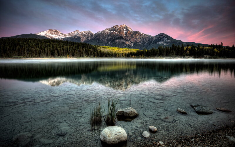 Mountain Reflected in Lake — Purple, Serene, Sunset, Photograph, Forest