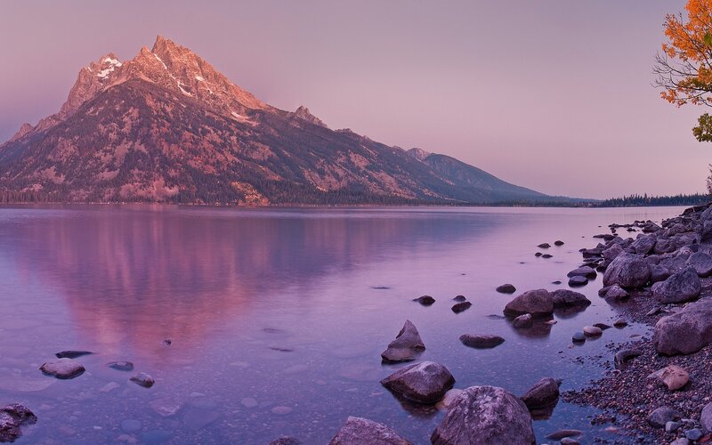Mountain Reflected in Lake — Purple, Serene, Sunset, Photograph, Rocks, Tree, Pink, Blue