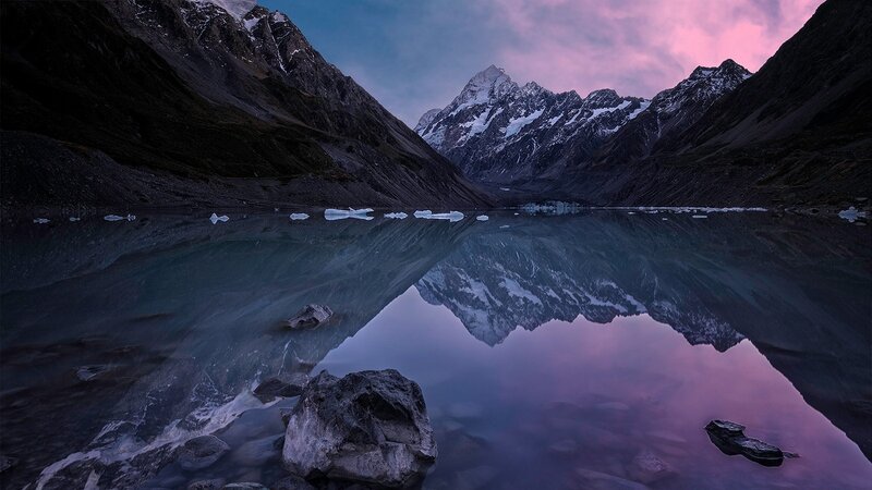 Mountain Reflected in Lake — Purple, Serene, Sunset, Photograph, Snow-capped Peaks