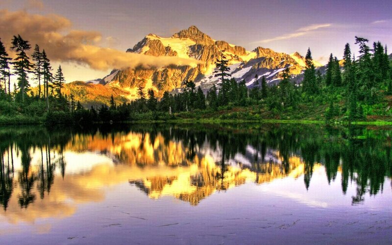Mountain Reflected in Lake — Purple, Serene, Sunset, Photograph, Trees, Clouds