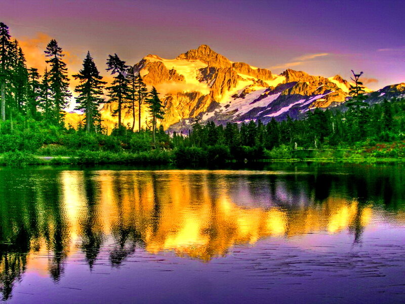 Mountain Reflected in Lake — Purple, Serene, Sunset, Photograph, Trees, Snow